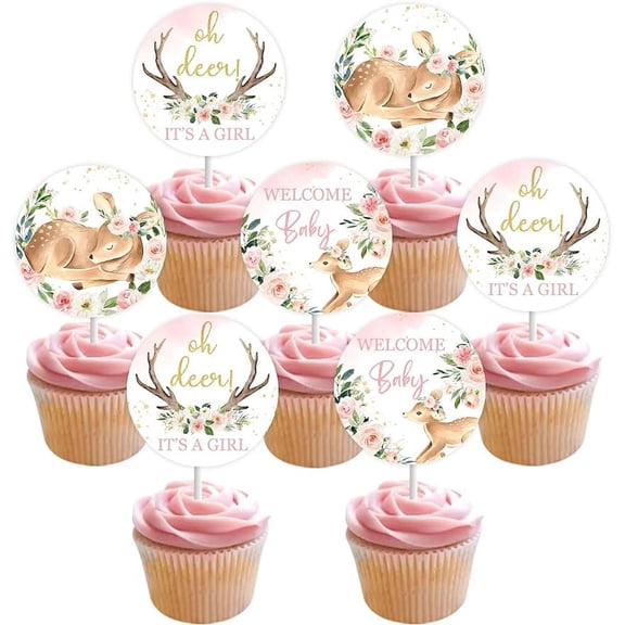 Deer Baby Shower Decorations for Girl, 24 Pieces Oh Deer Its A Girl Cupcake Toppers, Welcome Baby Cupcake Picks Pink, Fawn Doe Woodland Animal Baby Shower Party Supplies