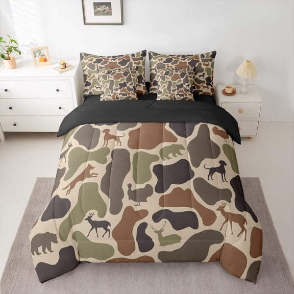 Deer Bear 7 Piece Bedding Set Twin Camo Comforter with Sheets Hound Turkey Wolf Army Print Brown Farmhouse for Kids Boys Girls