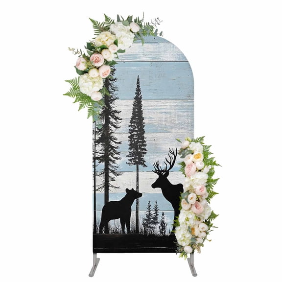 Deer Bear Arch Backdrop Cover, Spandex Fitted Wedding Arch Cover, Retro Farmhouse Trees Forest Wooden Grain Round Top Stand Covers for Birthday Ceremony Bridal Shower Party Decor 6.6x3.3 Ft