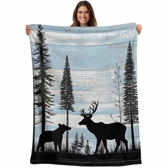 Deer Bear Blanket Soft Cozy Warm Twin Blanket for Bed, Plush Fuzzy Flannel Fleece Blankets for Sofa, Retro Farmhouse Trees Forest Wooden Grain Throw Blankets for Couch, Gifts for Men, 60"x80"