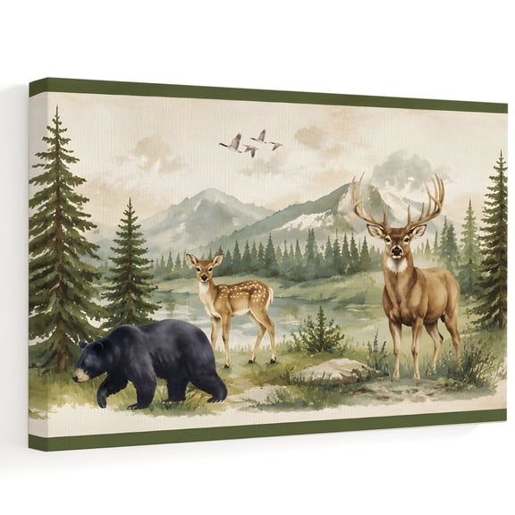 Deer Bear Canvas Wall Art, Rustic Green Pine Forest Mountain Natural Wilderness Wall Art Prints Artwork Framed Canvas Ready to Hang Art Pictures for Bathroom, Dressing Table, Entryway 12" x 8"