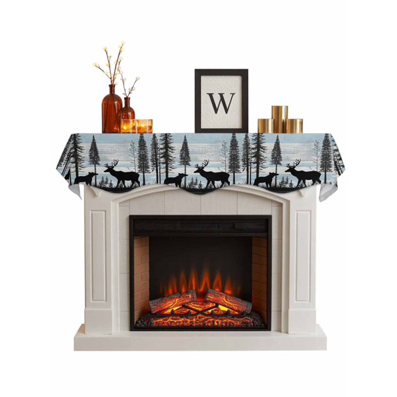 Deer Bear Fireplace Mantel Scarf Cover 70"Wx17"L,Fireplace Mantel Shelf Top Runner,Retro Farmhouse Trees Forest Wooden Grain Mantle Dresser Scarves Table Runner for Holiday Party Living Room Decor