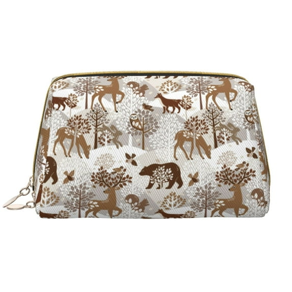 Deer Bear Fox Owl Rabbit Bird Tree Makeup Bag, Large Capacity Travel Cosmetic Bag for Women Girls- Travel Toiletry Bag Leather Portable Waterproof Makeup Case Organizer with Handle