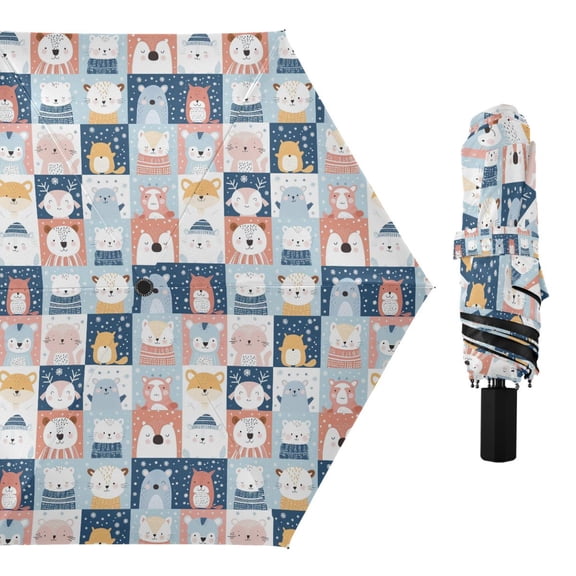 Deer Bear Fox in Snow Compact Sun Umbrella Windproof Travel Umbrellas for Rain Strong Portable UV Protection