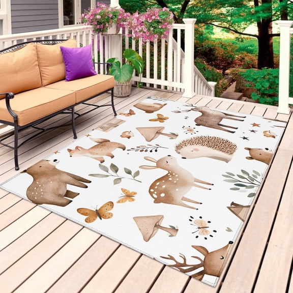 Deer Bear Hedgehog Outdoor Rug 4x6 Ft, Non Slip Washable Area Rug, Forest Animals Summer Plants Patio Rugs Carpet Runner, Large Floor Mat for Indoor/Outdoor Deck Porch Camping