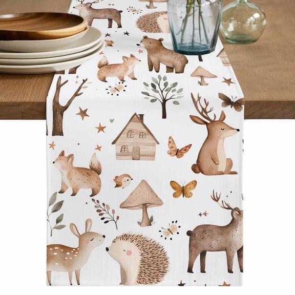 Deer Bear Hedgehog Table Runner, Forest Animals Summer Plants Washable Cotton Linen Table Runners 36 Inches Long, Dresser Scarf Runner for Nightstand/End Tables/Round Tables 13''x36''