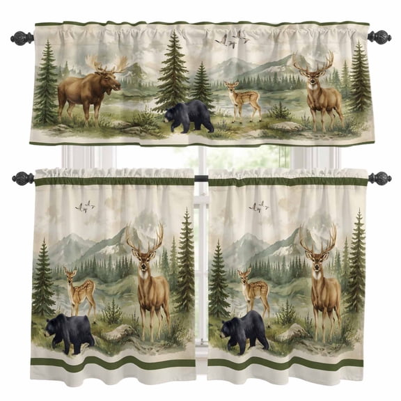 Deer Bear Kitchen Curtains and Valances Set, Rustic Green Pine Forest Mountain Natural Wilderness 3 Piece Curtains Valances and Tiers Set Rod Pocket for Kitchen Bathroom Windows 36 Inch