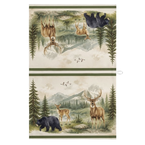 Deer Bear Kitchen Towels Dish Towel Pack of 1 Rustic Green Pine Forest Mountain Natural Wilderness Soft Dish Cloth Set Absorbent Dishcloth for Drying Dishes, Hand Towels 18 x 28 Inches