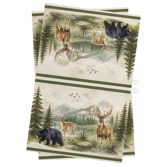 Deer Bear Kitchen Towels Dish Towel Pack of 2 Rustic Green Pine Forest Mountain Natural Wilderness Soft Dish Cloth Set Absorbent Dishcloth for Drying Dishes, Hand Towels 18 x 28 Inches
