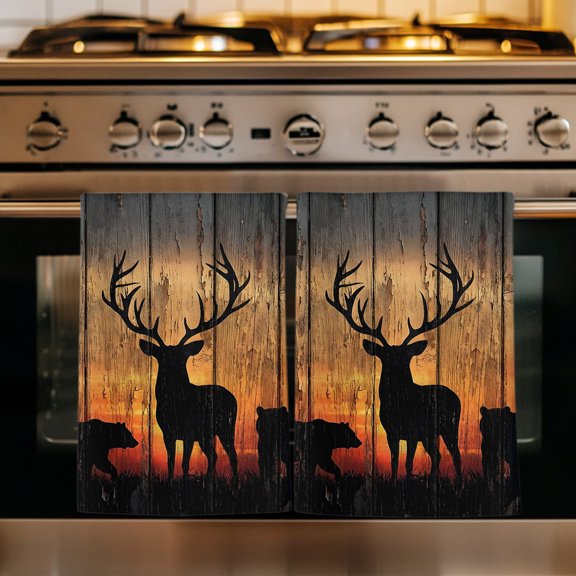 Deer Bear Kitchen Towels Set of 1, Rustic Forest Sunset Pine Tree Natural Landscape Absorbent Dish Towels for Kitchen, Microfiber Hand Towel, Quick Drying Tea Towel for Cleaning Decorative Dishcloths