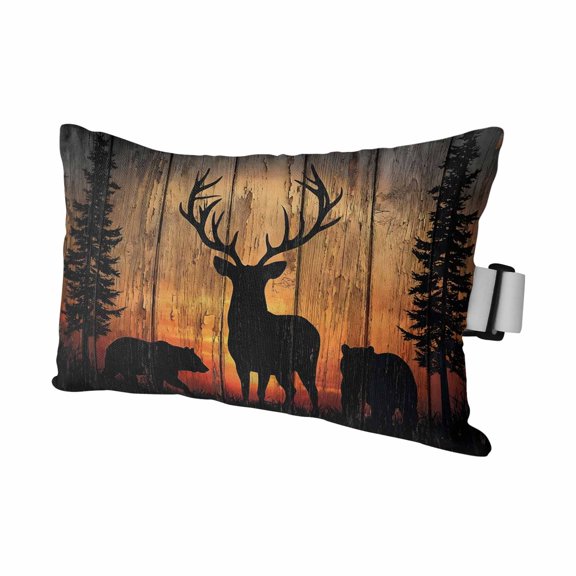 Deer Bear Outdoor Pillows for Chaise Lounge Chair Waterproof Lumbar Pillows with Insert&Adjustable Strap Beach Headrest Pillow Rustic Forest Sunset Pine Tree Natural Landscape Pool Pillow 11"x16"
