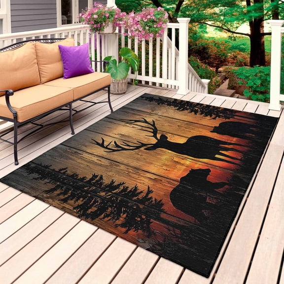 Deer Bear Outdoor Rug for Patio/Deck/Porch, Non-Slip Large Area Rug 3 x 5 Ft, Rustic Forest Sunset Pine Tree Natural Landscape Indoor Outdoor Rugs Washable Area Rugs, Camping Rug Carpet Runner
