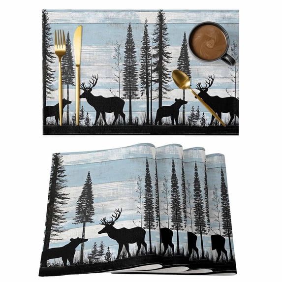Deer Bear Placemats Set of 6 Retro Farmhouse Trees Forest Wooden Grain Place Mats Indoor Wipeable Table Mats Washable Cloth Dining Table Placemats for Kitchen Holiday Party Home Decor 13x19 Inch