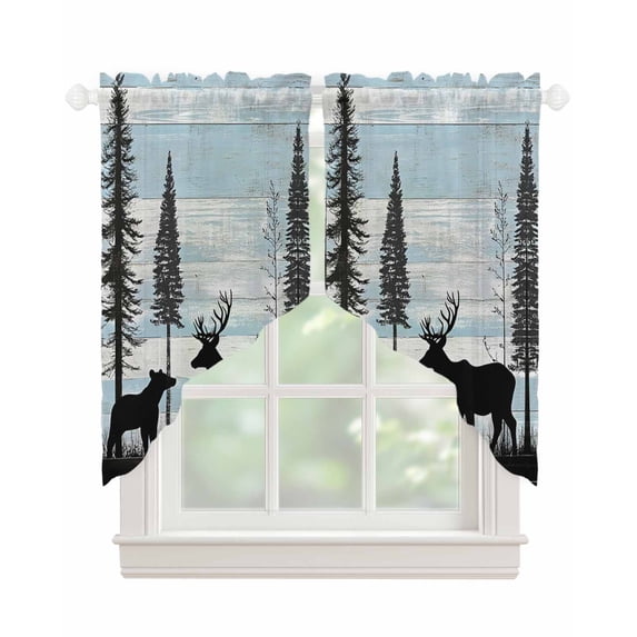 Deer Bear Swag Valances for Windows, Retro Farmhouse Trees Forest Wooden Grain Rod Pocket Sheer Valances for Small Windows, Swag Toppers Light Filtering for Kitchen Living Room 2 Panels 28''x36''