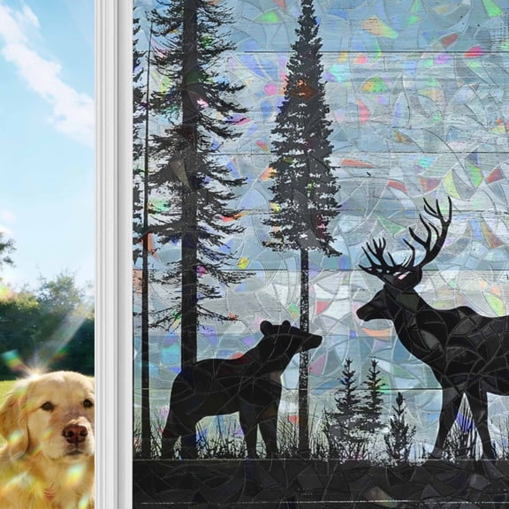 Deer Bear Window Privacy Film Stain Glass,Reusable Decorative Rainbow Window Film,Retro Farmhouse Trees Forest Wooden Grain Static Cling Sun Blocking Stickers Decals Covers 23.6" x 59" (2pcs)