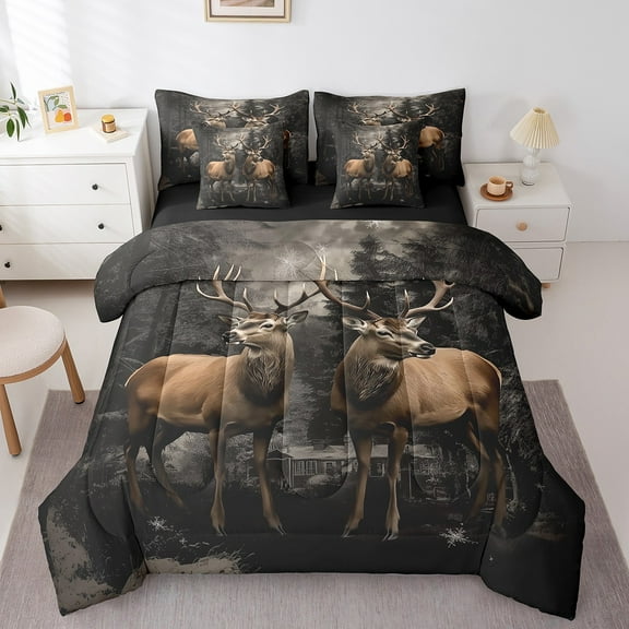 Deer Bed in a Bag Twin Size Wildlife Elk Bedding Sets 7 Piece Hunting Themed Comforter Set with Sheets for Adult Women Teen Western Farmstyle Bed Set 3D Animal Deer Sheets