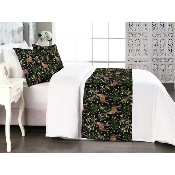 Deer Bed Runner Set, Reindeer with Floral Antlers Autumn Forest Nature Woodland Watercolor Pattern, Decorative Bedding Scarf & 2 Pillow Shams for Hotels Homes, King, Black Green Brown, by Ambesonne