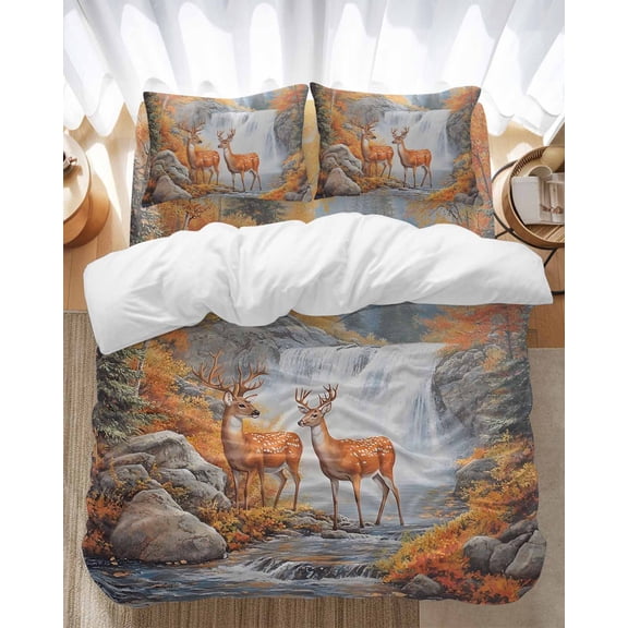 Deer Bedding Duvet Cover Set Queen Size 4 Pieces Forest Wildlife Rustic Soft Twill Plush Quilt Cover, Include 1 Duvet Cover 1 Flat Sheet And 2 Pillow