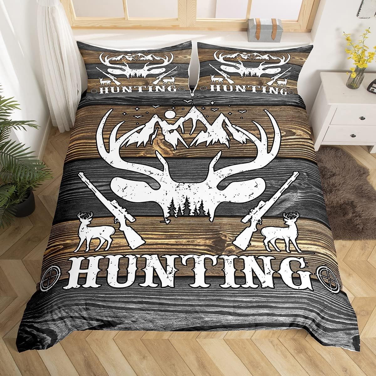 Deer Bedding Set Hunting Themed Bedding Wild Animal Elk Silhouette Decor Comforter Cover Old
