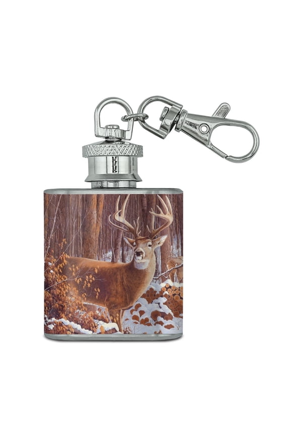 Deer Behind Cabin at Woodpile Stainless Steel 1oz Mini Flask Key Chain