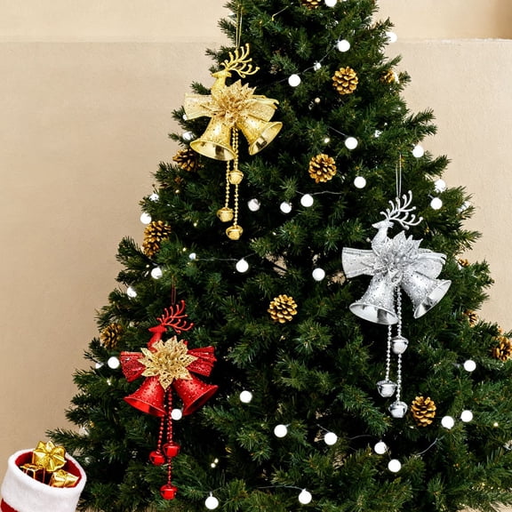 Deer Bells Ornaments Artificial Flower Bow Hanging Decorations, Christmas Tree Ornaments Set for Holiday Home Decor, Festive Party Decorations for Family Gatherings, Front Door Welcome Akmoler