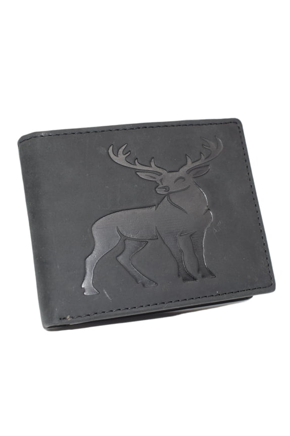 Deer Bifold RFID Blocking Leather Wallet for Men Slim ID Window & 9 Card Slots Black