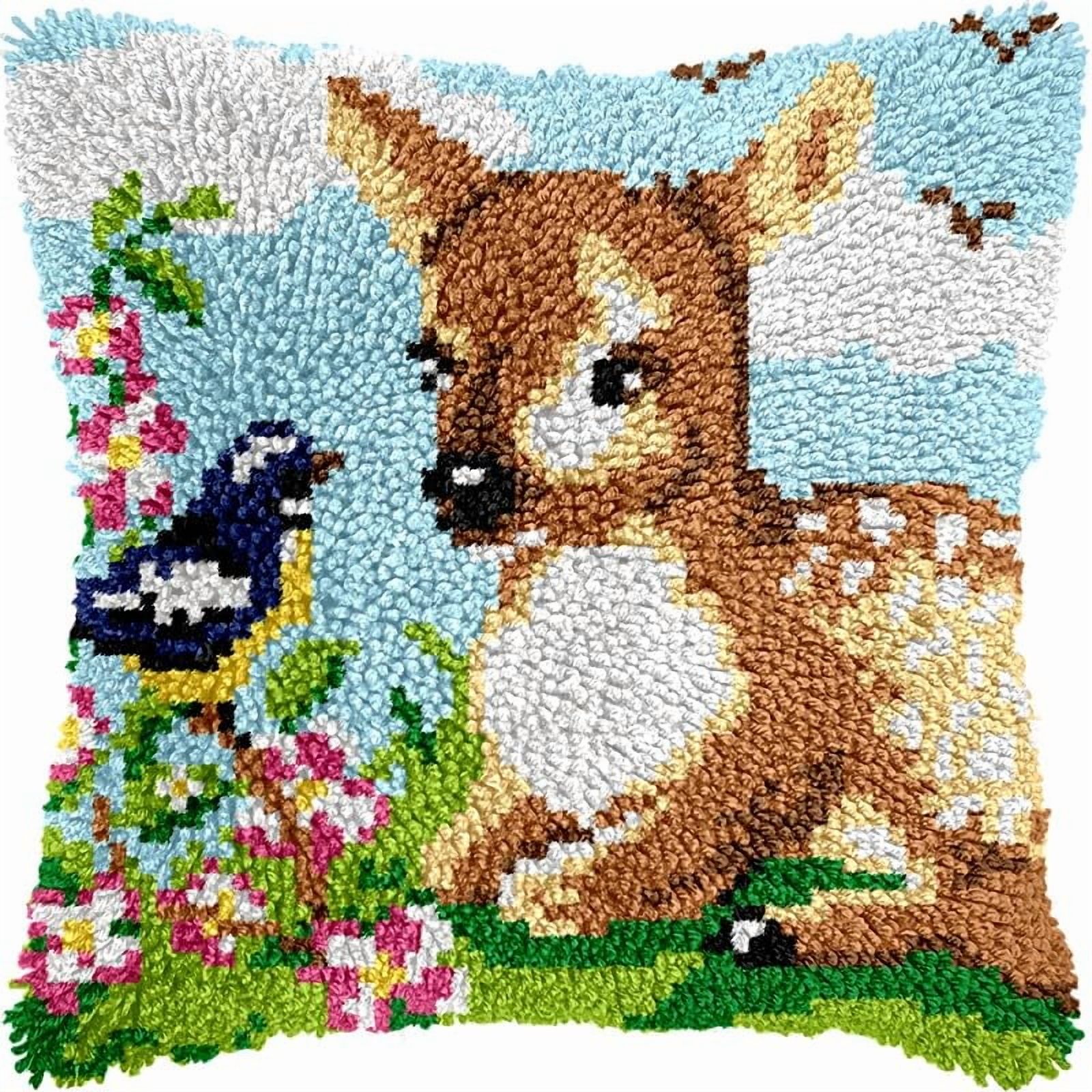 Deer & Bird Latch Hook Pillow Kits Pillow Cover with Pattern Printed Canvas Sofa Hooking Pillowcase Cushion Crafts Embroidery Latch Hooking Crochet Starter Kits 17x17 inch(1)