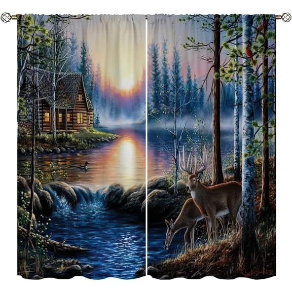 Deer Blackout Curtains for Home Decor,Village River Farmhouse Deer Rod Pocket Thermal Insulated Drapes Darkening Window Curtain for Girls Boy Bedroom Living Room-42"W x 63"L (Pack of 2)