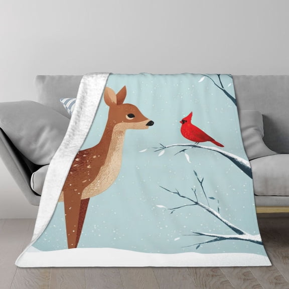 Deer Blanket, Blue Snowy Cardinal Throw, Rustic Cabin Flannel Gift 50×40