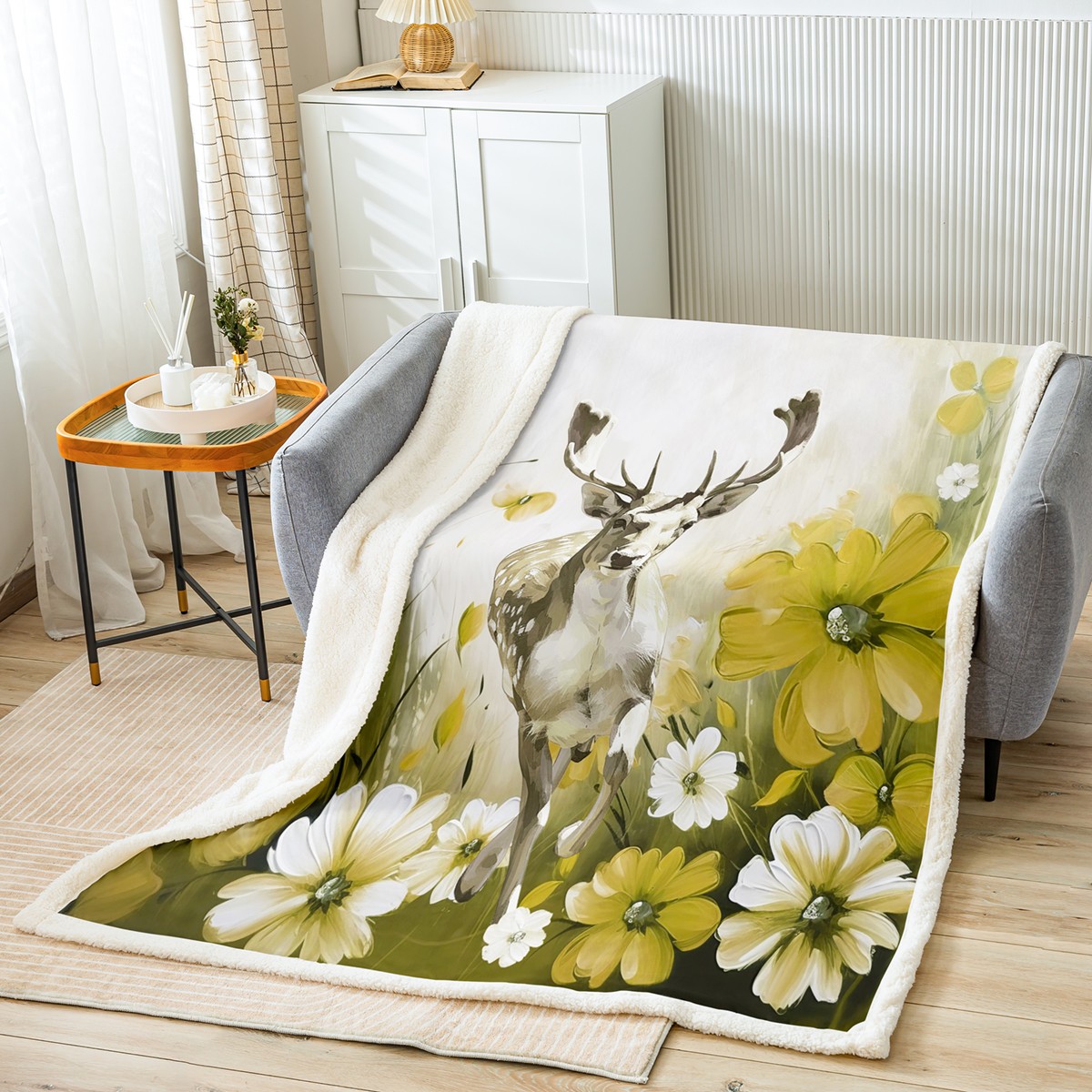 Deer Blanket Daisy Flowers 30"x40" Throw Blanket,Yellow Ombre Oil