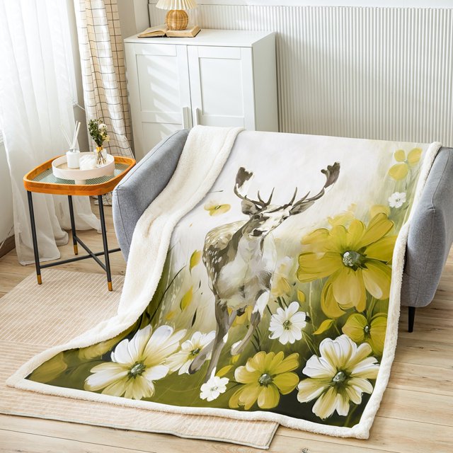 Deer Blanket Daisy Flowers 30"x40" Throw Blanket,Yellow Ombre Oil