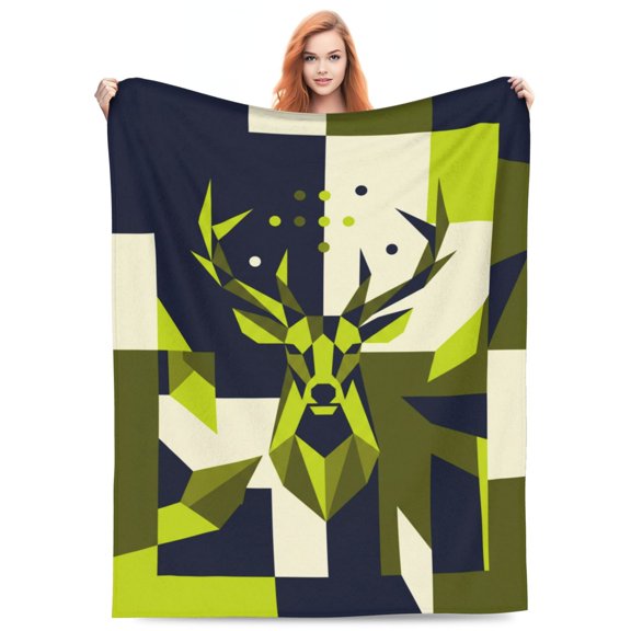 Deer Blanket Deer Gifts, Geometric Polygon Buck Decor, Abstract Stag Design, Olive Green Navy Blue, Lightweight Warm Plush Couch Blanket for Sofa Travel Office Lounge, All Season Fleece Wrap 50x40
