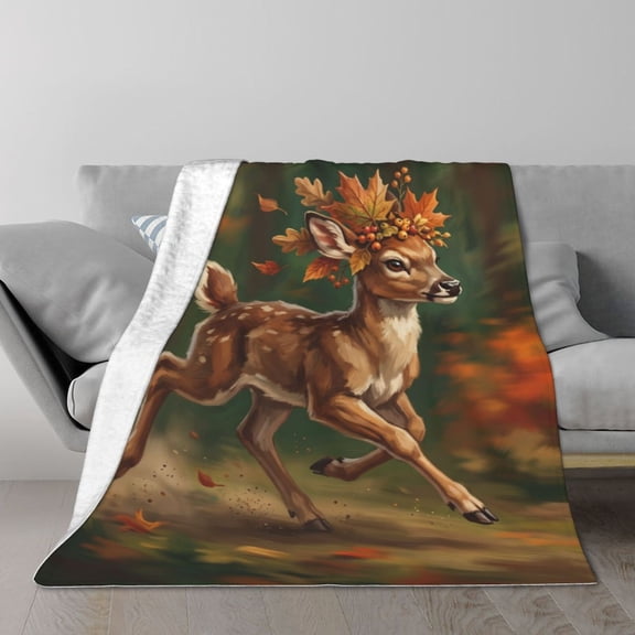 Deer Blanket Gift, Running Fawn Nature Art, Soft Flannel Fleece Throw For Couch Sofa Bed, Unique Home Office Accessory, All Purpose Decorative Holiday Throw 50x40