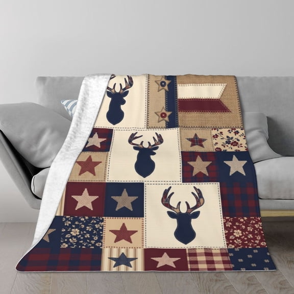 Deer Blanket Gifts, American Flag USA Throw For Men Adult, Patriotic Patchwork Decor For Home Bed Couch, Independence Day Veterans Day Christmas Flannel Blanket 50x40