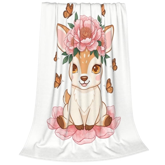 Deer Blanket, Pink Floral Crown Doe, Watercolor Butterfly Art, Flannel Fleece Throw For Sofa Bed Couch, Modern Decor Accessory, Office Travel Lounge 50x40