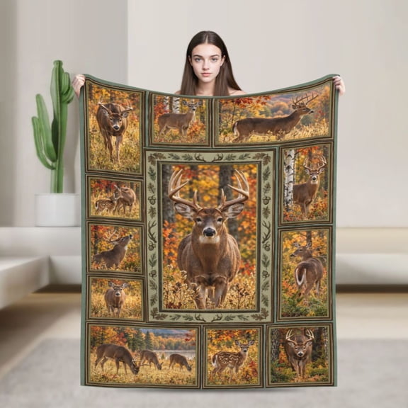 Deer Blanket with Bucks Does and Fawns in a Framed Autumn Woodland Collage 50x40 in