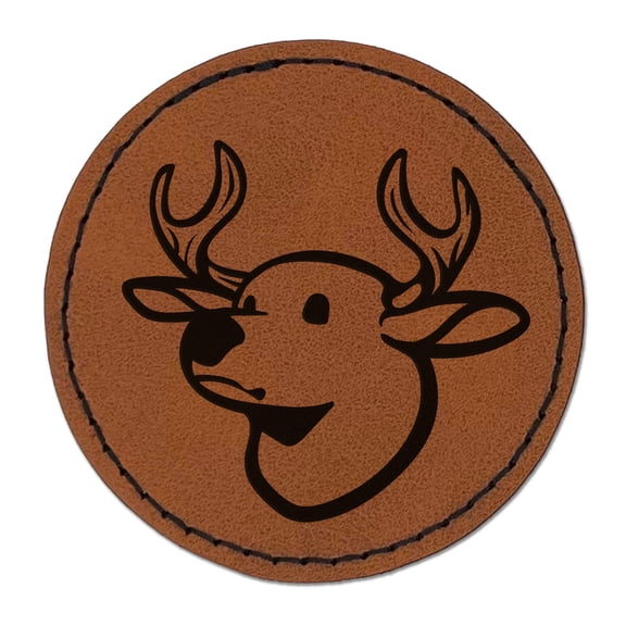Deer Buck Head 2.5" Faux Leather Round Engraved Iron-On Patch - Brown