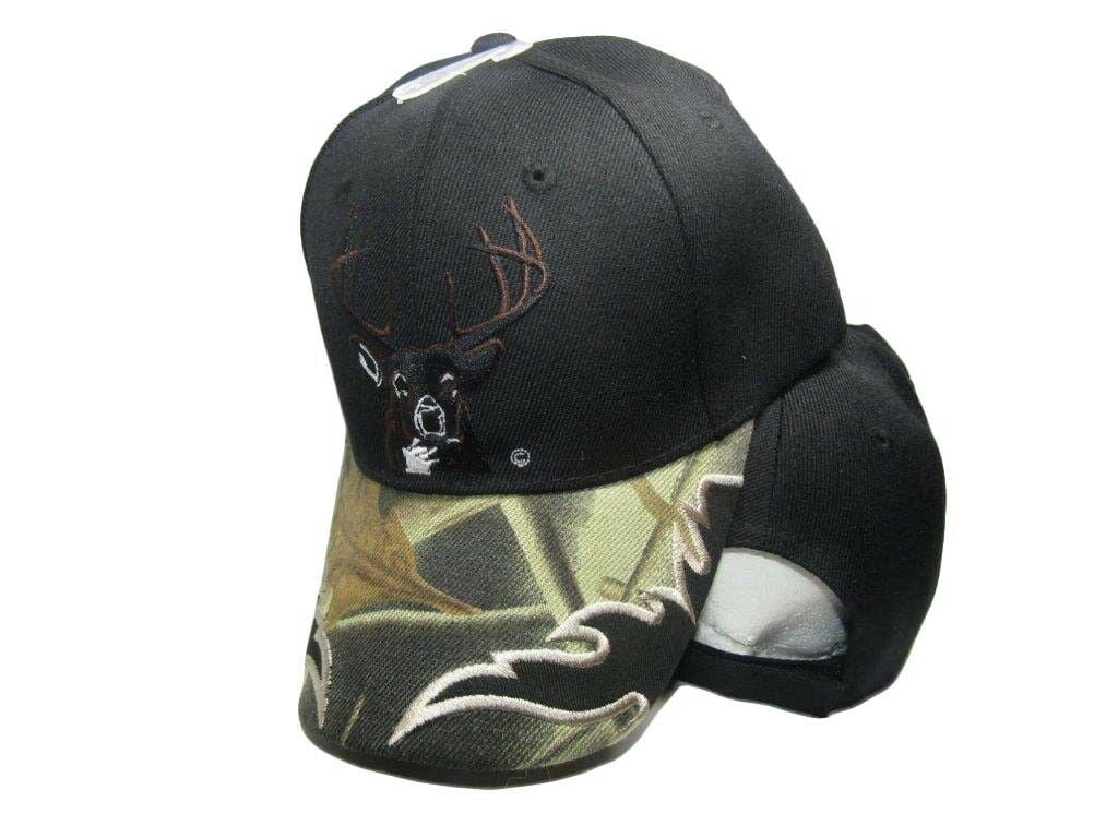 Deer Buck Head Antlers Hunter Camo Top Black Bill Embroidered Cap