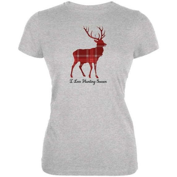 Deer Buck I Love Hunting Season Plaid Juniors Soft T Shirt Heather MD