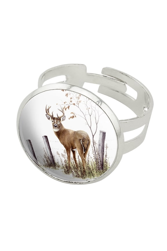Deer Buck at the Fence Silver Plated Adjustable Novelty Ring