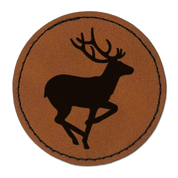 Deer Buck in Profile Solid 2.5" Faux Leather Round Engraved Iron-On Patch - Brown