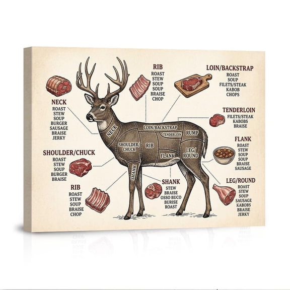 Deer Butchering Cuts Chart Hunter S Guide Vintage Game Meat Diagram Kitchen For Venison Lovers Canvas