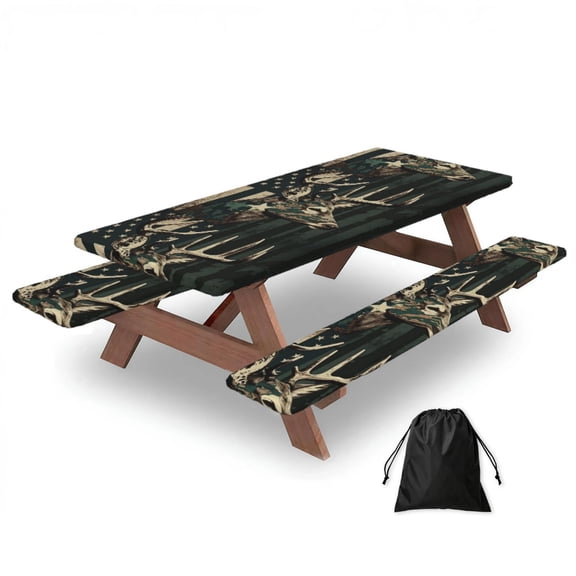 Deer Camo American Flag Camouflage 3-Piece Fitted Picnic Table and Bench Cover Set, 72" Outdoor Tablecloth with Elastic Edges & Storage Bag