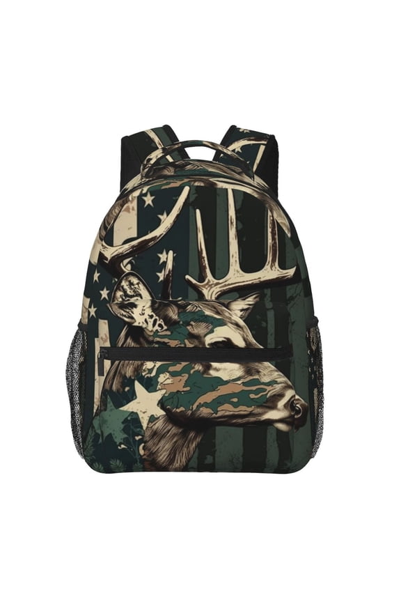 Deer Camo American Flag Camouflage Backpack Casual College Bag Zipper Laptop Daypack Hiking Rucksack Travel