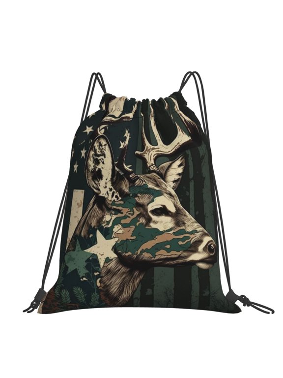 Deer Camo American Flag Camouflage Large Drawstring Backpack Casual Cinch Sack Bag Backpack for Sports Hiking Travel Gym