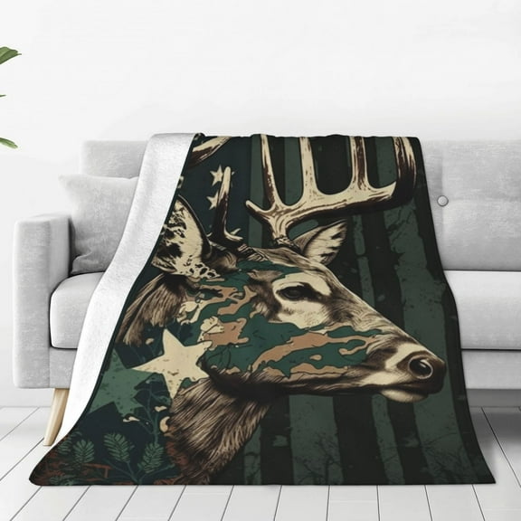 Deer Camo American Flag Camouflage Throw Blanket Decorative Soft Warm Flannel Plush Blankets for Sofa Chair Bed Office 80x60