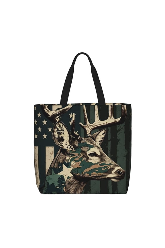 Deer Camo American Flag Camouflage Tote Bag Reusable Shoulder Handbag Top Handle Purse for Shopping Work
