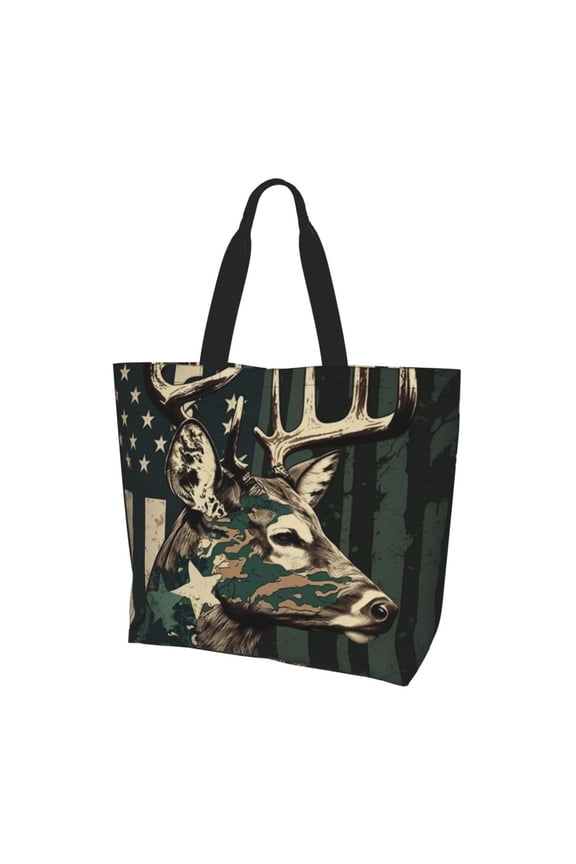 Deer Camo American Flag Camouflage Women Reusable Bag Large Shoulder Handbag Top Handle Purse Tote