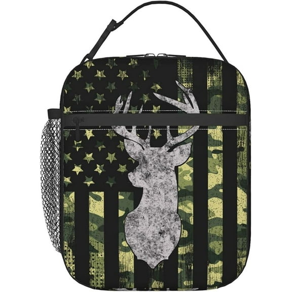 Deer Camo Camouflage American Flag Hunting Insulated Lunch Box Portable Lunch Bag with Detachable Handle,Reusable Lunchbox for Men Women