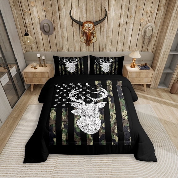Deer Camo Comforter Set Queen Antlers Hunting Camo Bedding Sets for Teen Boys Men Camouflage American Flag Bed Comforter Set ,Western Farmhouse Wild Animal Bedding Quilt Black White Home Decor 3 Pcs
